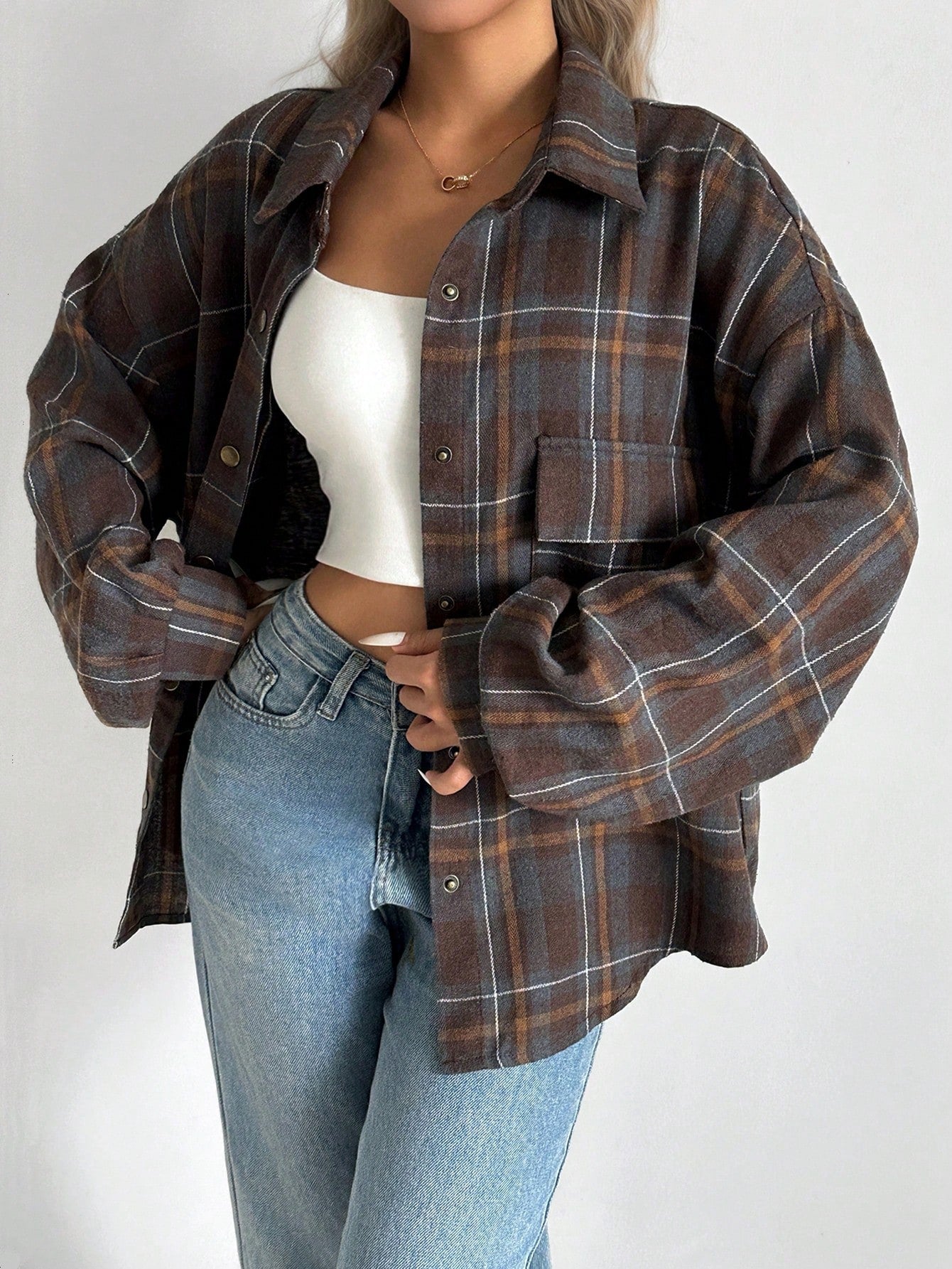 INAWLY Plus Size Women Turndown Collar Plaid Single-Breasted Casual Versatile Shirt Fall