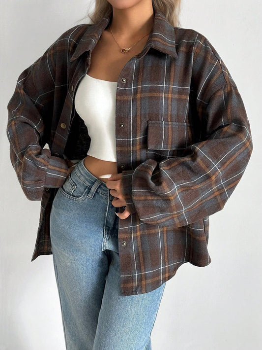INAWLY Plus Size Women Turndown Collar Plaid Single-Breasted Casual Versatile Shirt Fall