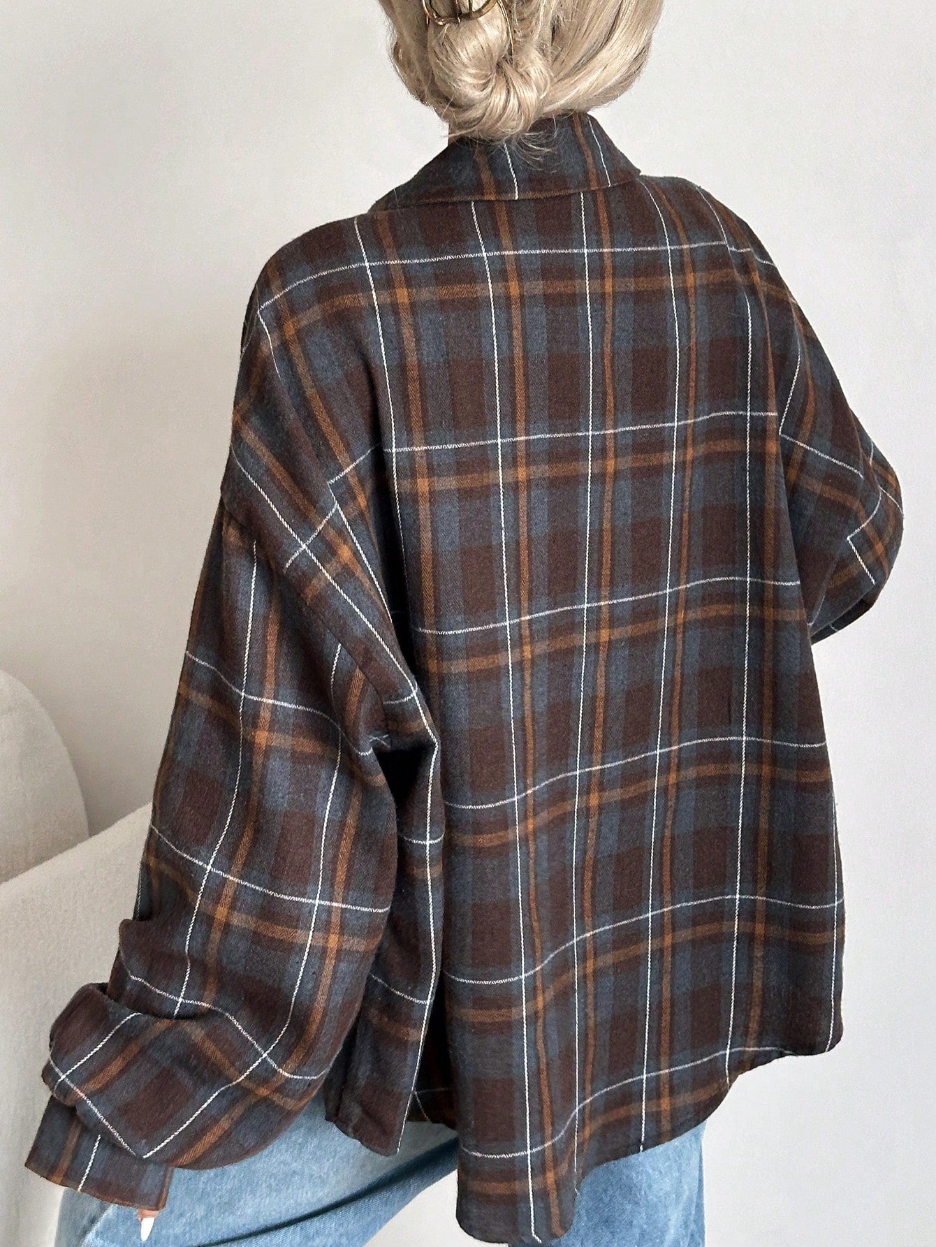 INAWLY Plus Size Women Turndown Collar Plaid Single-Breasted Casual Versatile Shirt Fall