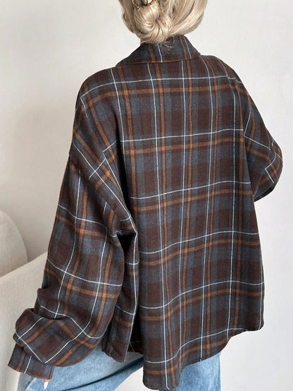 INAWLY Plus Size Women Turndown Collar Plaid Single-Breasted Casual Versatile Shirt Fall