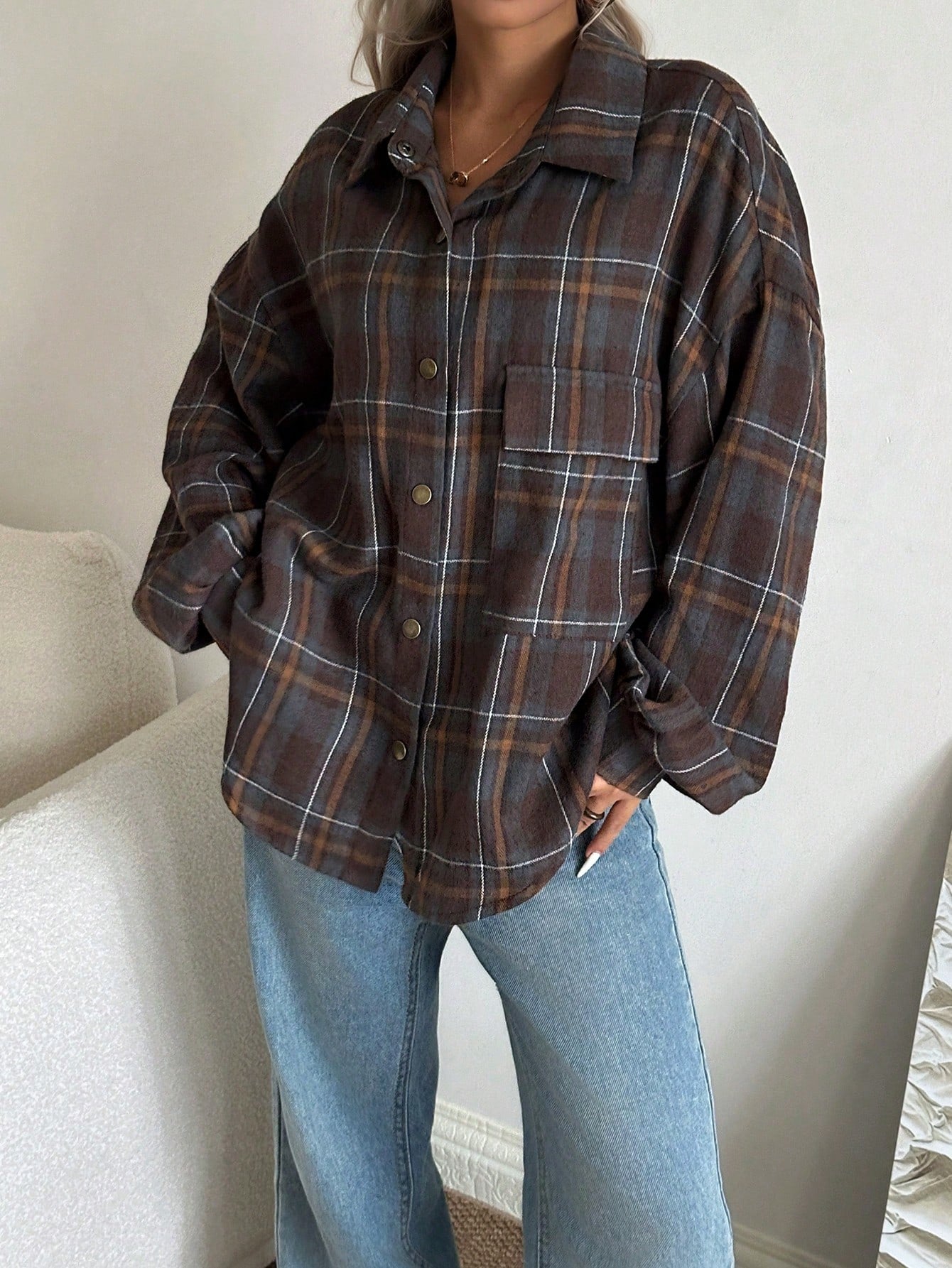 INAWLY Plus Size Women Turndown Collar Plaid Single-Breasted Casual Versatile Shirt Fall