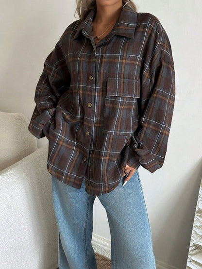 INAWLY Plus Size Women Turndown Collar Plaid Single-Breasted Casual Versatile Shirt Fall