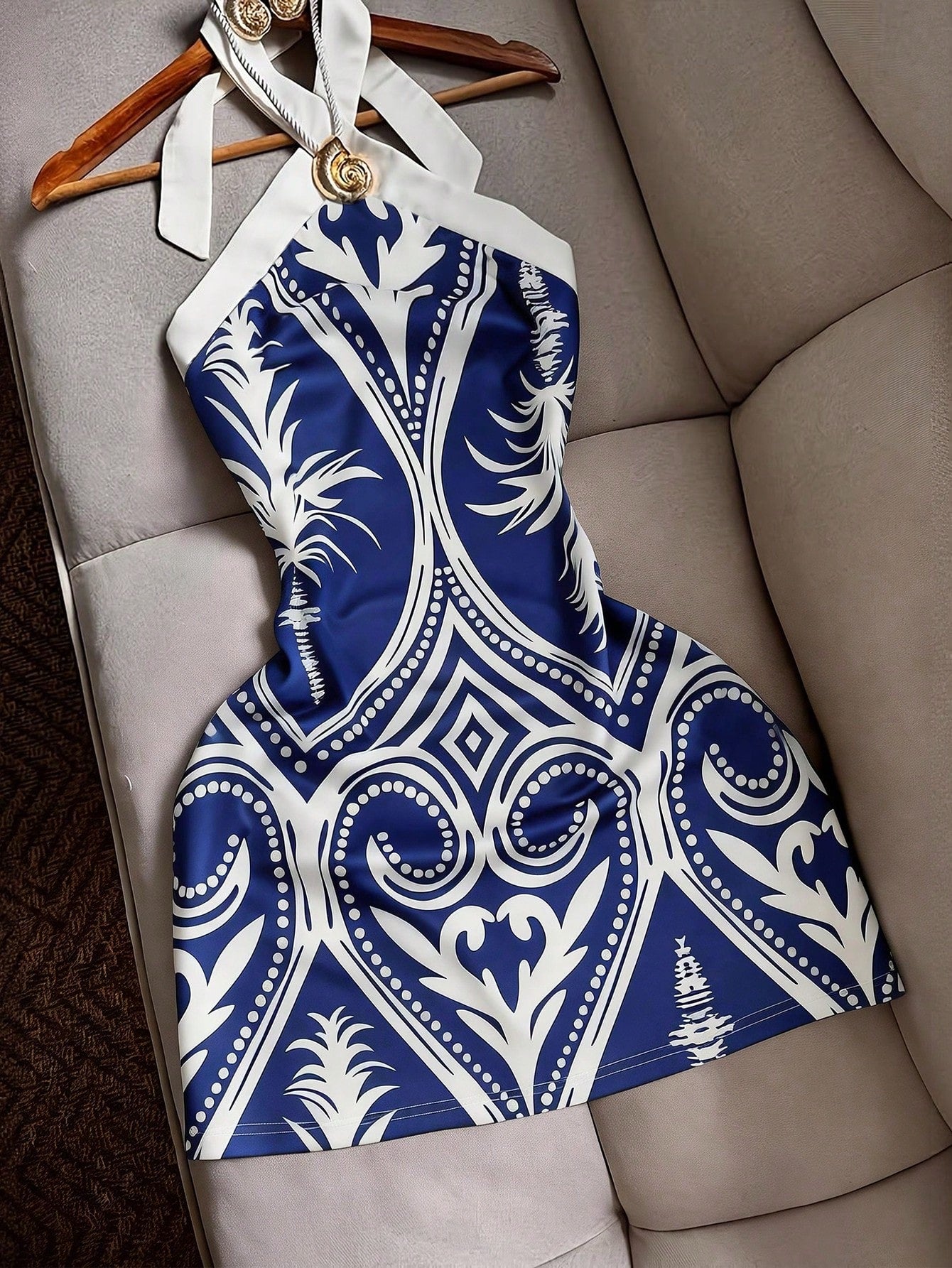 INAWLY Sexy Fitted Halter Tie Waist Printed Color Block Mini Dress, Casual Beach Holiday Travel For Women