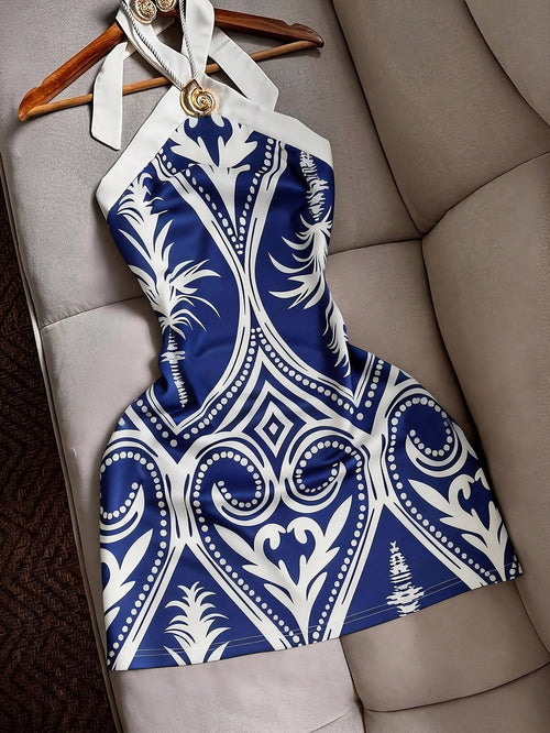 INAWLY Sexy Fitted Halter Tie Waist Printed Color Block Mini Dress, Casual Beach Holiday Travel For Women