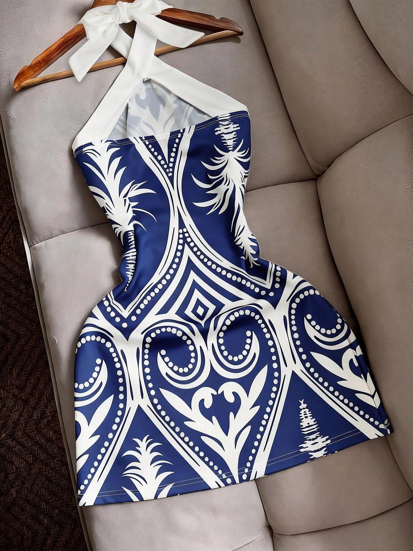 INAWLY Sexy Fitted Halter Tie Waist Printed Color Block Mini Dress, Casual Beach Holiday Travel For Women