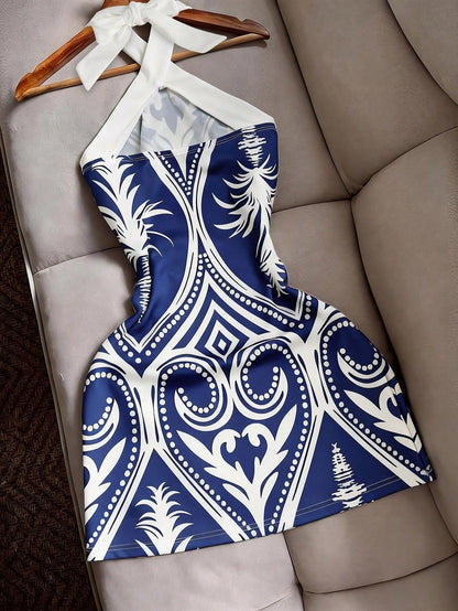INAWLY Sexy Fitted Halter Tie Waist Printed Color Block Mini Dress, Casual Beach Holiday Travel For Women