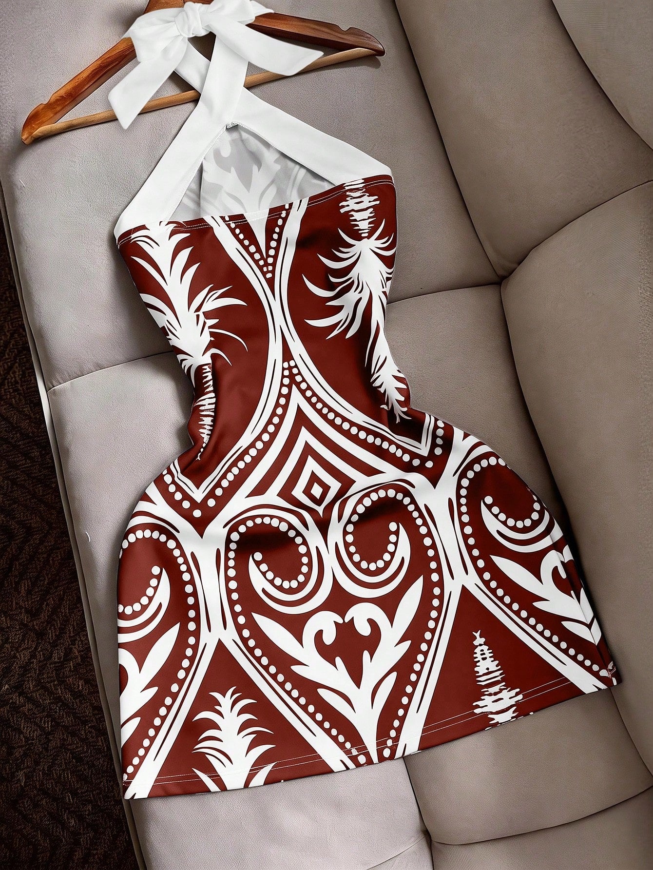 INAWLY Sexy Fitted Halter Tie Waist Printed Color Block Mini Dress, Casual Beach Holiday Travel For Women