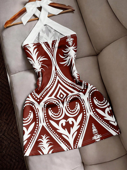 INAWLY Sexy Fitted Halter Tie Waist Printed Color Block Mini Dress, Casual Beach Holiday Travel For Women