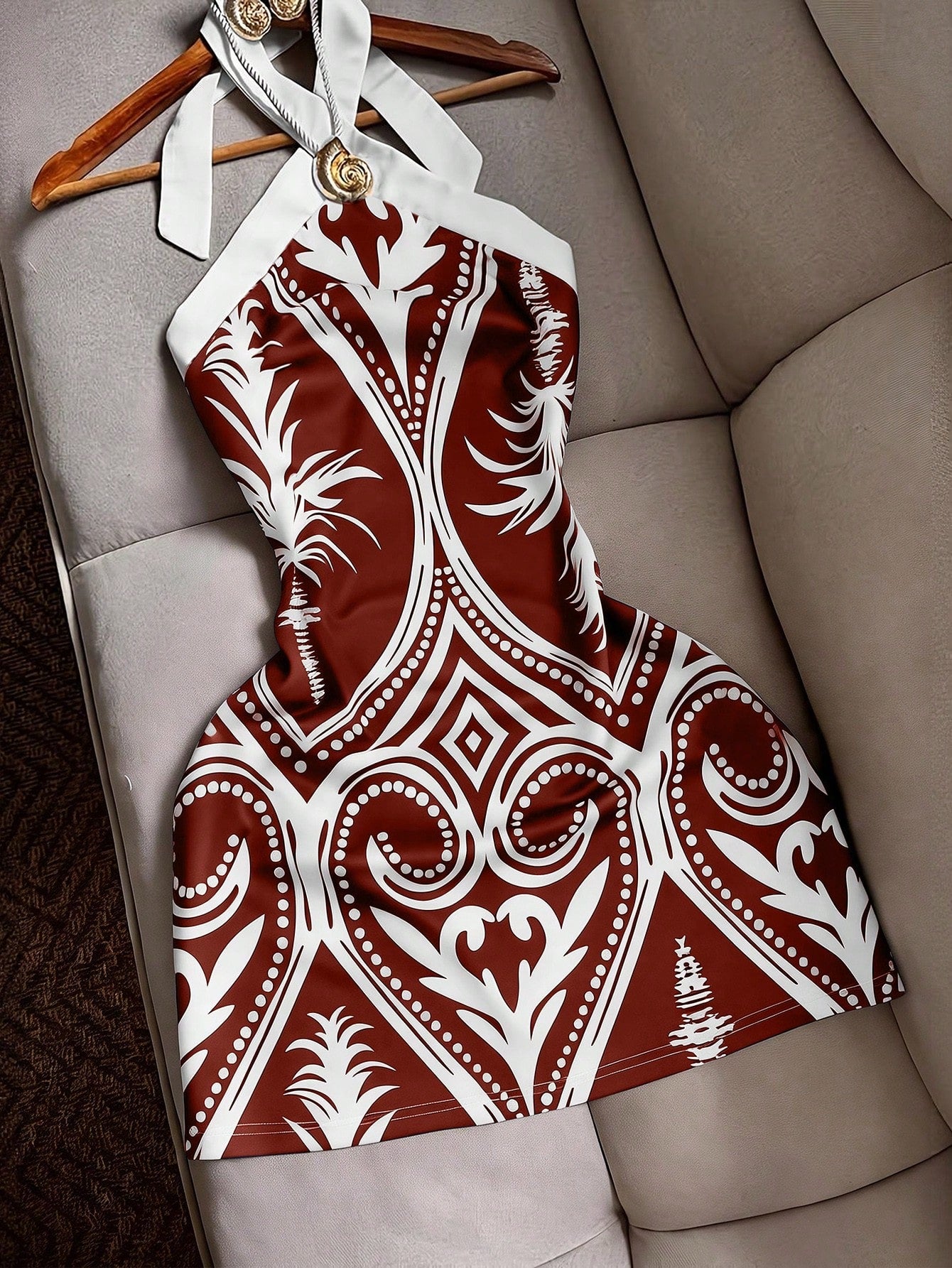 INAWLY Sexy Fitted Halter Tie Waist Printed Color Block Mini Dress, Casual Beach Holiday Travel For Women