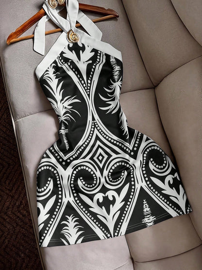 INAWLY Sexy Fitted Halter Tie Waist Printed Color Block Mini Dress, Casual Beach Holiday Travel For Women