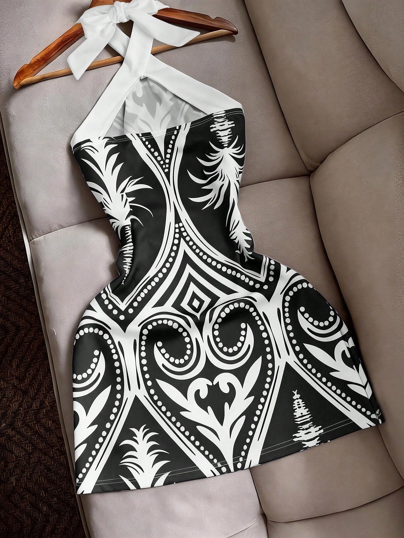 INAWLY Sexy Fitted Halter Tie Waist Printed Color Block Mini Dress, Casual Beach Holiday Travel For Women
