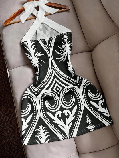 INAWLY Sexy Fitted Halter Tie Waist Printed Color Block Mini Dress, Casual Beach Holiday Travel For Women
