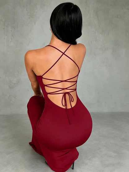 INAWLY Solva Fitted Sexy Elegant High Slit Criss-Cross Strap Tie-Up Long Dress For Women Night Out Dark Red Summer
