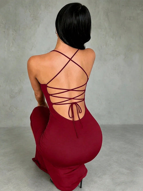 INAWLY Solva Fitted Sexy Elegant High Slit Criss-Cross Strap Tie-Up Long Dress For Women Night Out Dark Red Summer