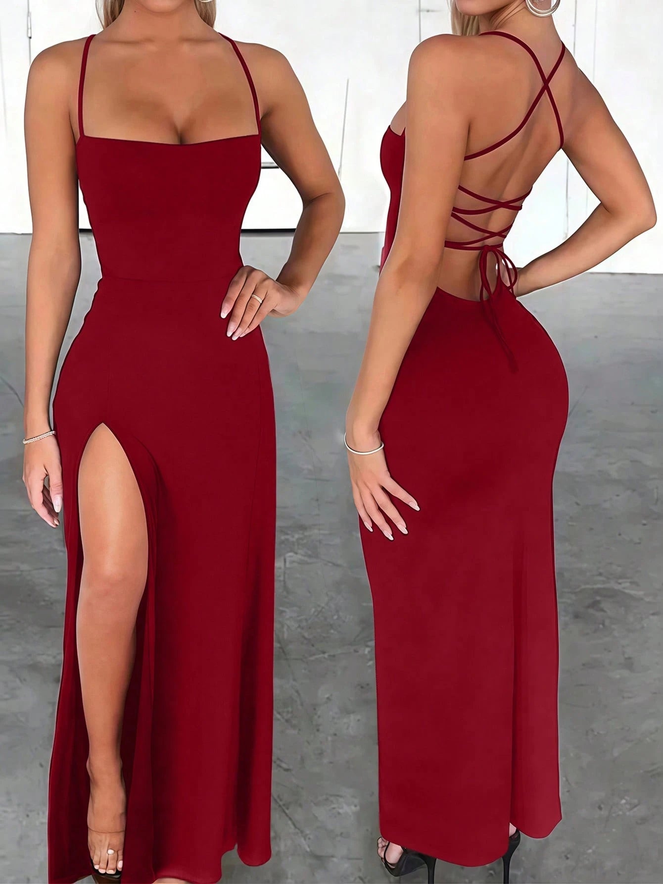 INAWLY Solva Fitted Sexy Elegant High Slit Criss-Cross Strap Tie-Up Long Dress For Women Night Out Dark Red Summer