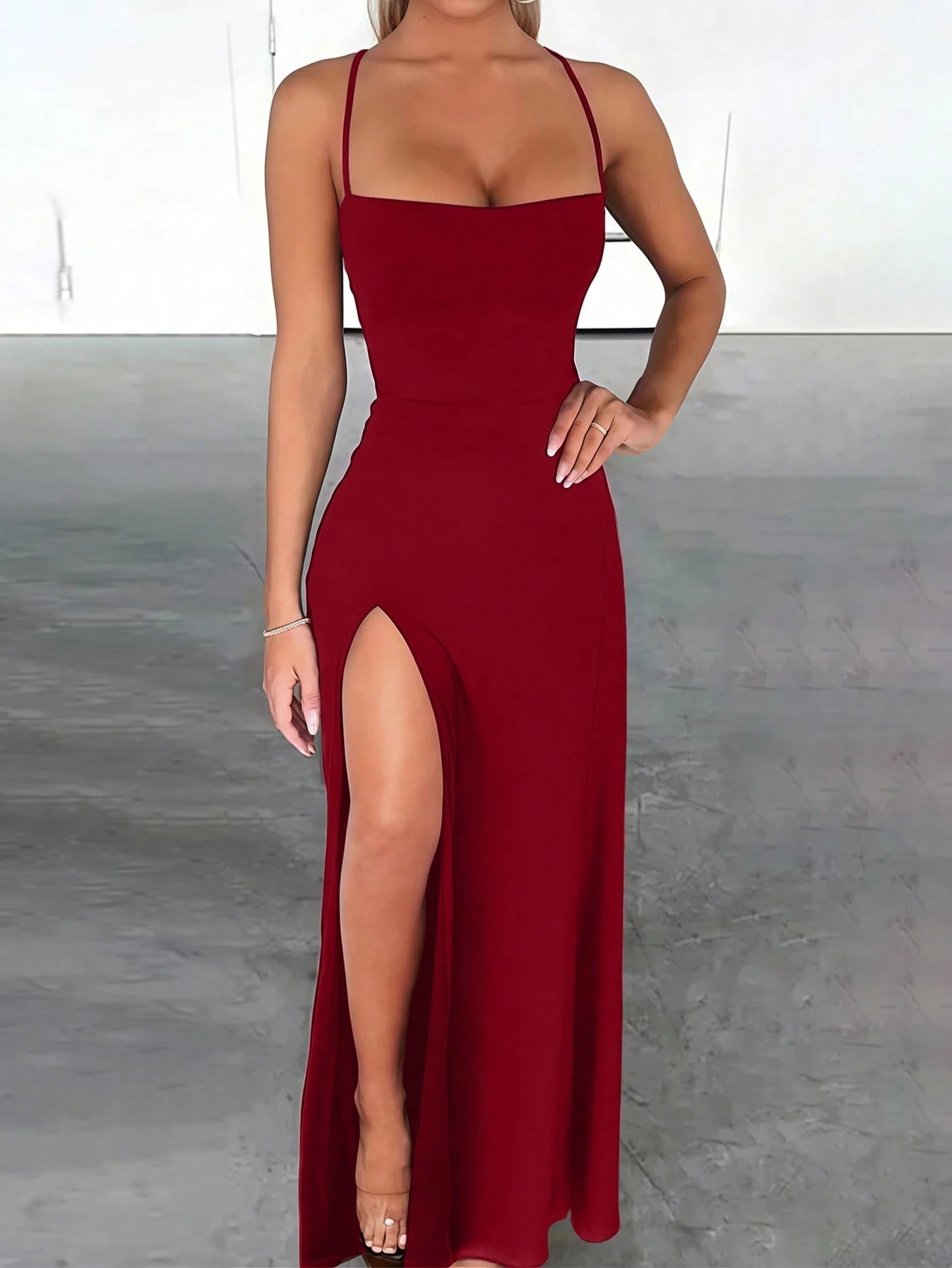 INAWLY Solva Fitted Sexy Elegant High Slit Criss-Cross Strap Tie-Up Long Dress For Women Night Out Dark Red Summer