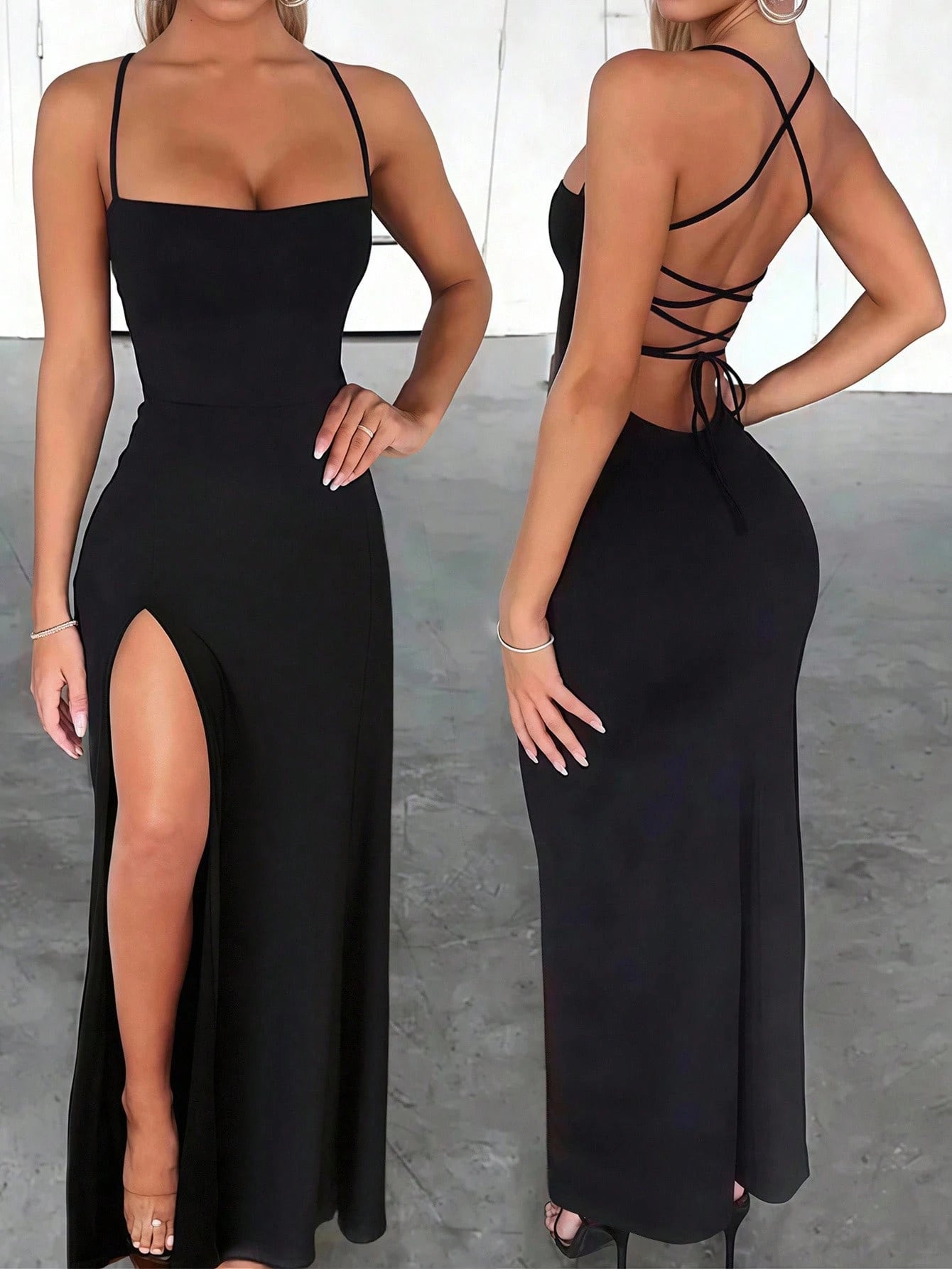 INAWLY Solva Fitted Sexy Elegant High Slit Criss-Cross Strap Tie-Up Long Dress For Women Night Out Dark Red Summer
