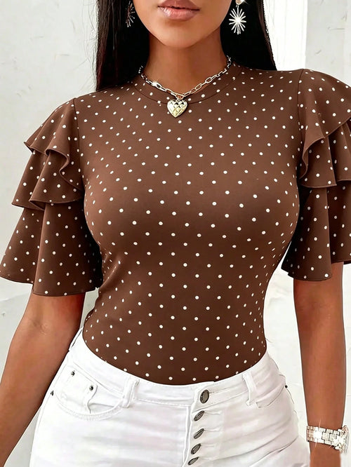 INAWLY Solva Plus Size Summer Casual Polka Dot Print Ruffle Trim T-Shirt