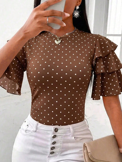 INAWLY Solva Plus Size Summer Casual Polka Dot Print Ruffle Trim T-Shirt
