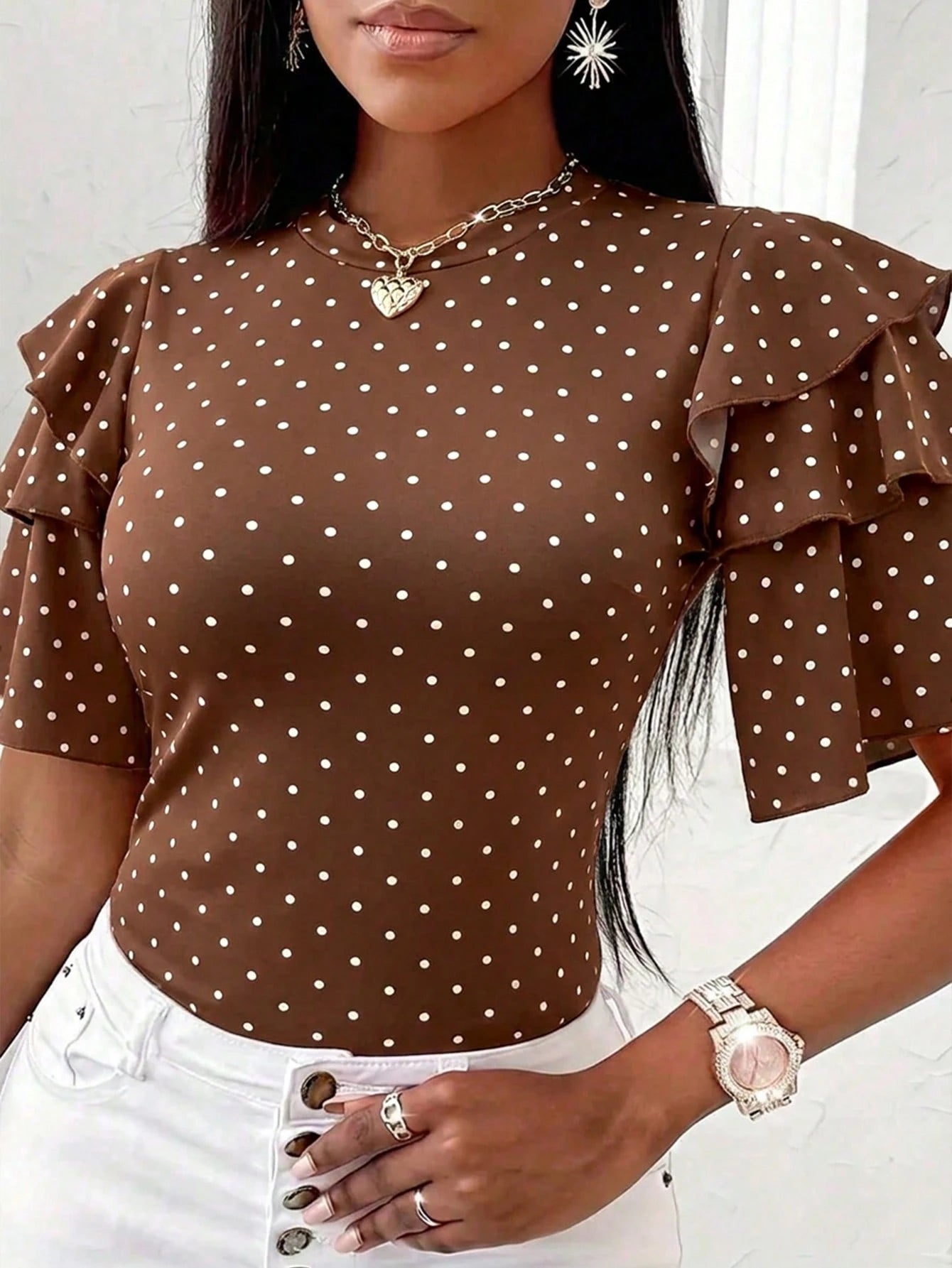 INAWLY Solva Plus Size Summer Casual Polka Dot Print Ruffle Trim T-Shirt