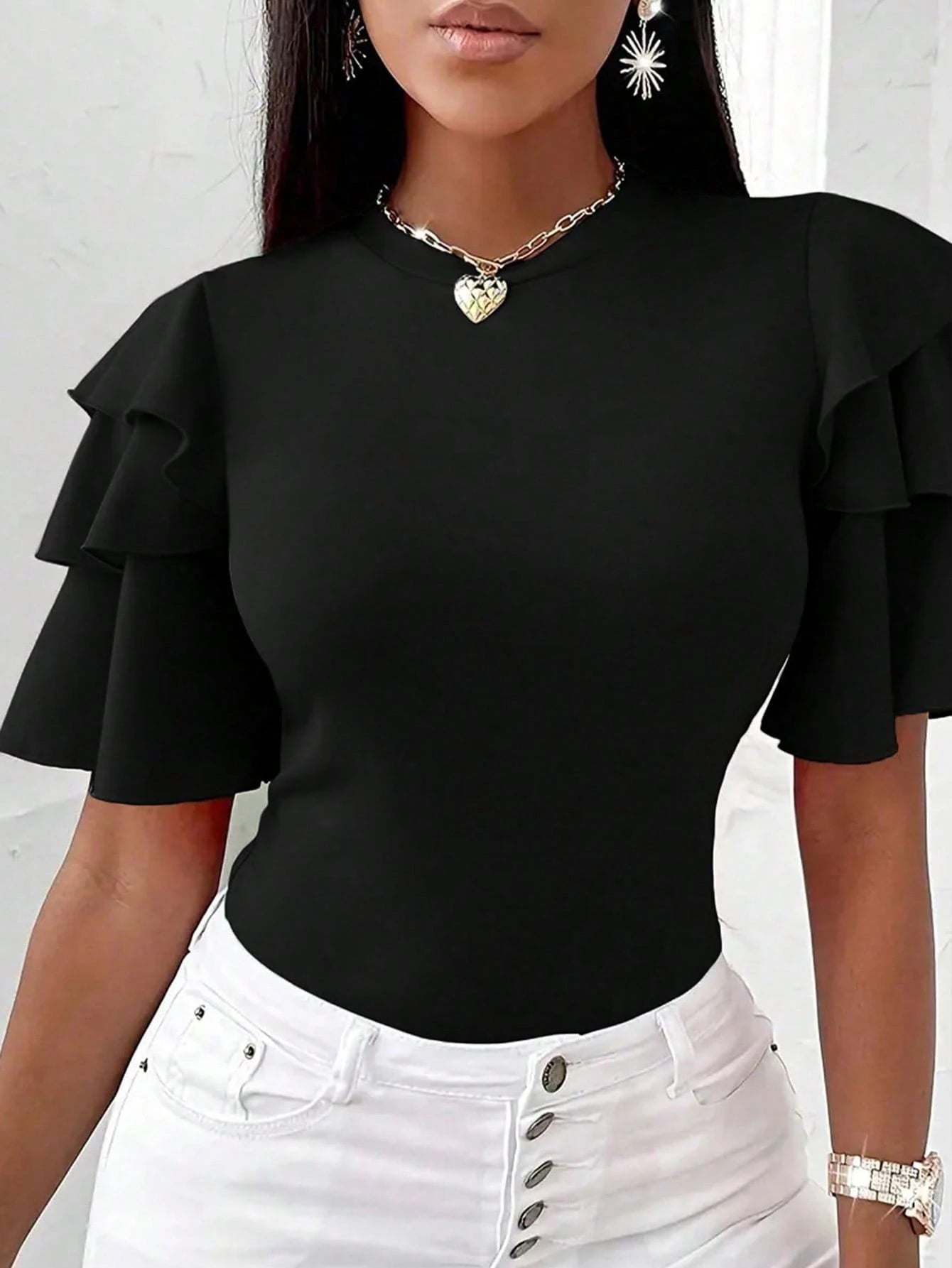 INAWLY Solva Plus Size Summer Casual Polka Dot Print Ruffle Trim T-Shirt