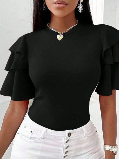INAWLY Solva Plus Size Summer Casual Polka Dot Print Ruffle Trim T-Shirt