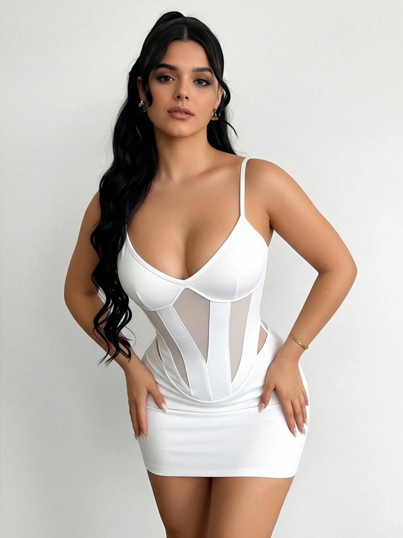 INAWLY Solva Spaghetti Strap Mesh Patchwork Hollow Out Design Bodycon Mini Dress For Women