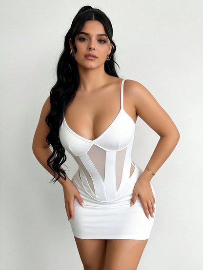 INAWLY Solva Spaghetti Strap Mesh Patchwork Hollow Out Design Bodycon Mini Dress For Women