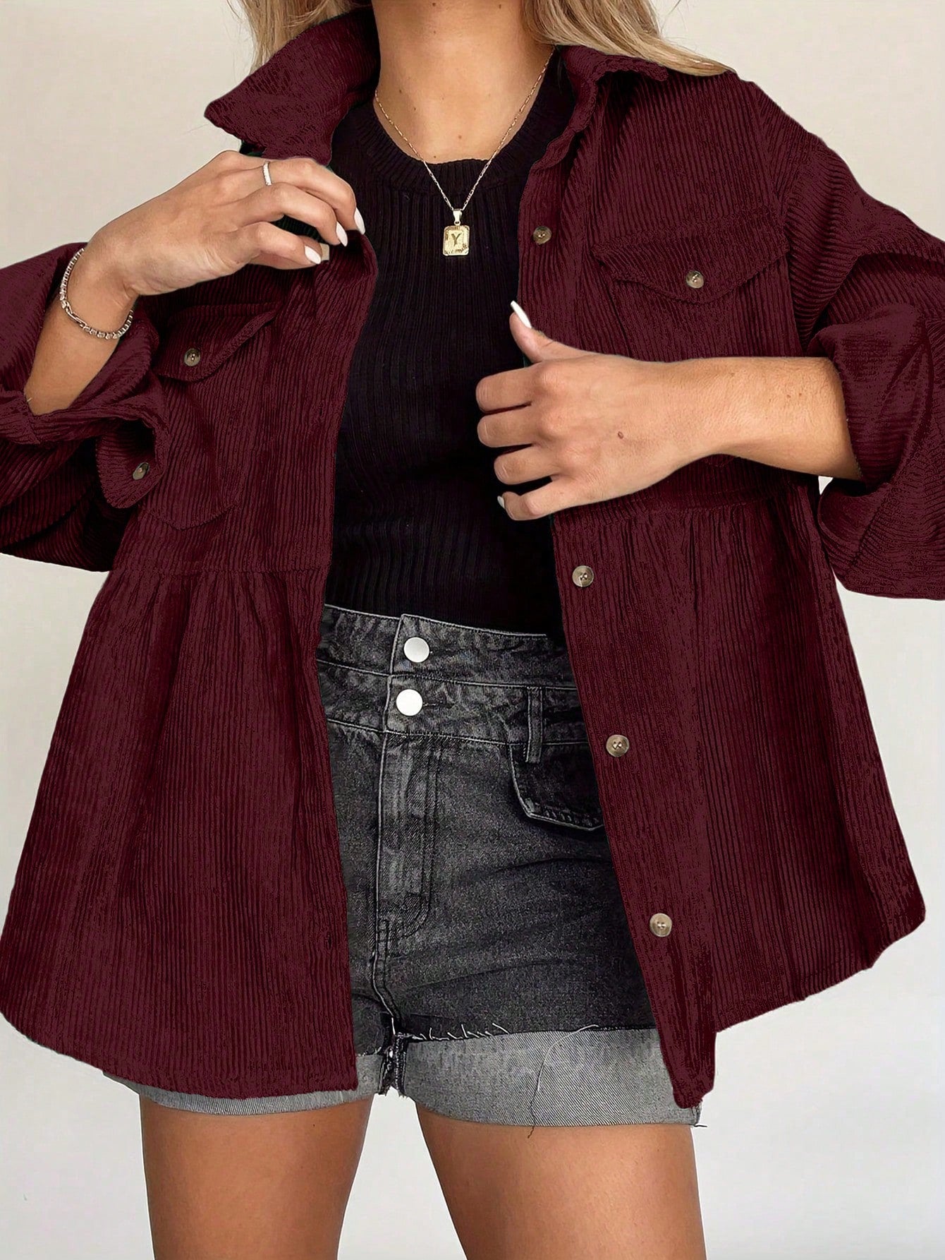 INAWLY Women Plus Size Casual Solid Color Button-Up Shirt Fall