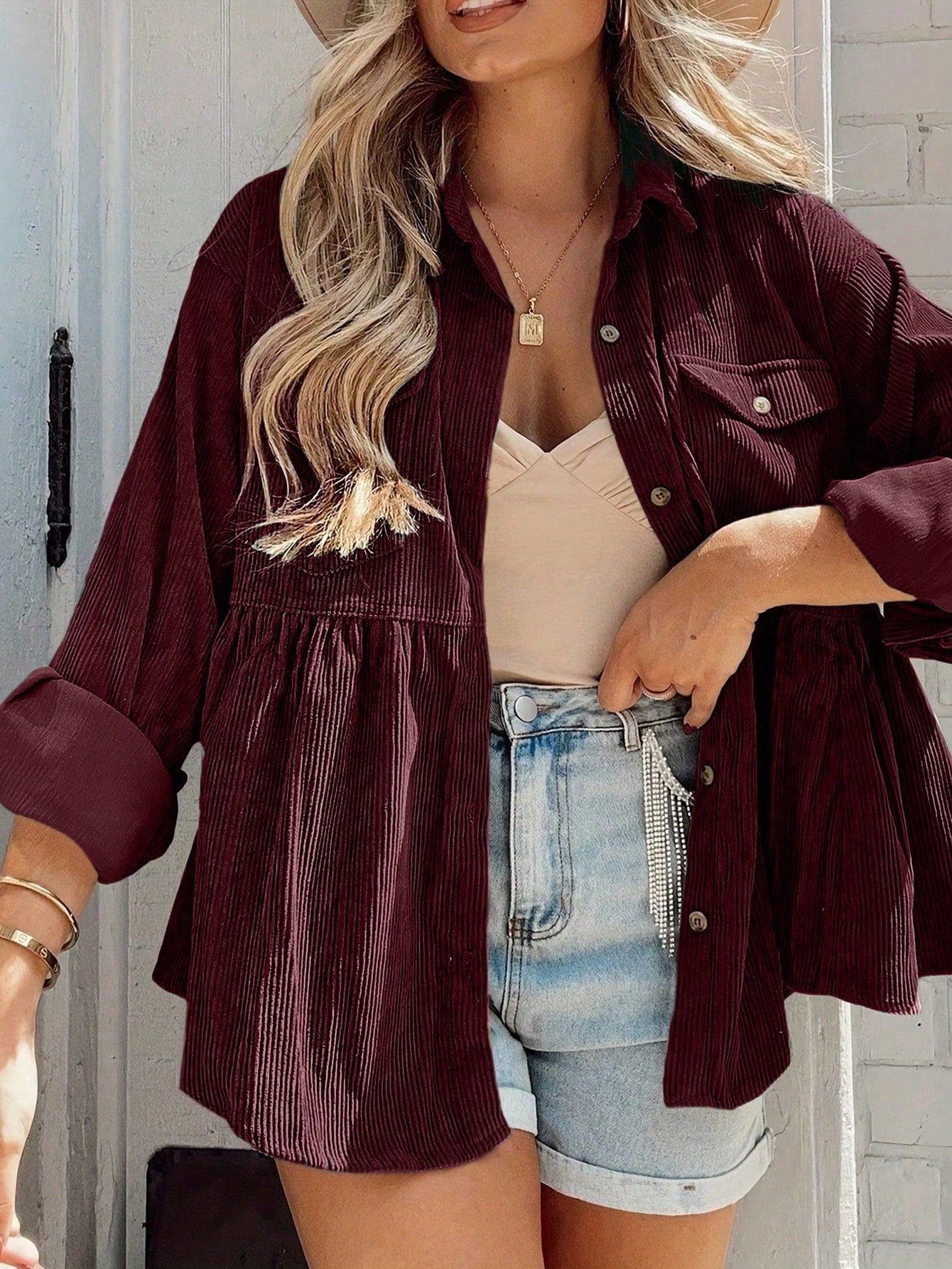 INAWLY Women Plus Size Casual Solid Color Button-Up Shirt Fall