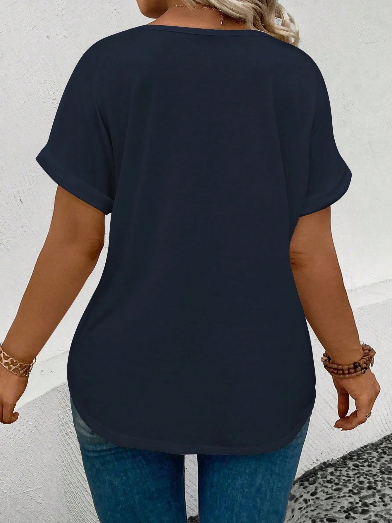 INAWLY Women Plus Size Feather Heart Printed V-Neck Tee With Folded Sleeves, Casual And Versatile Graphic Tee, Summer Top
