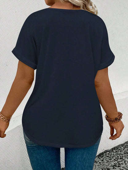INAWLY Women Plus Size Feather Heart Printed V-Neck Tee With Folded Sleeves, Casual And Versatile Graphic Tee, Summer Top