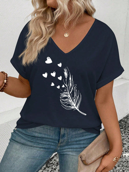 INAWLY Women Plus Size Feather Heart Printed V-Neck Tee With Folded Sleeves, Casual And Versatile Graphic Tee, Summer Top