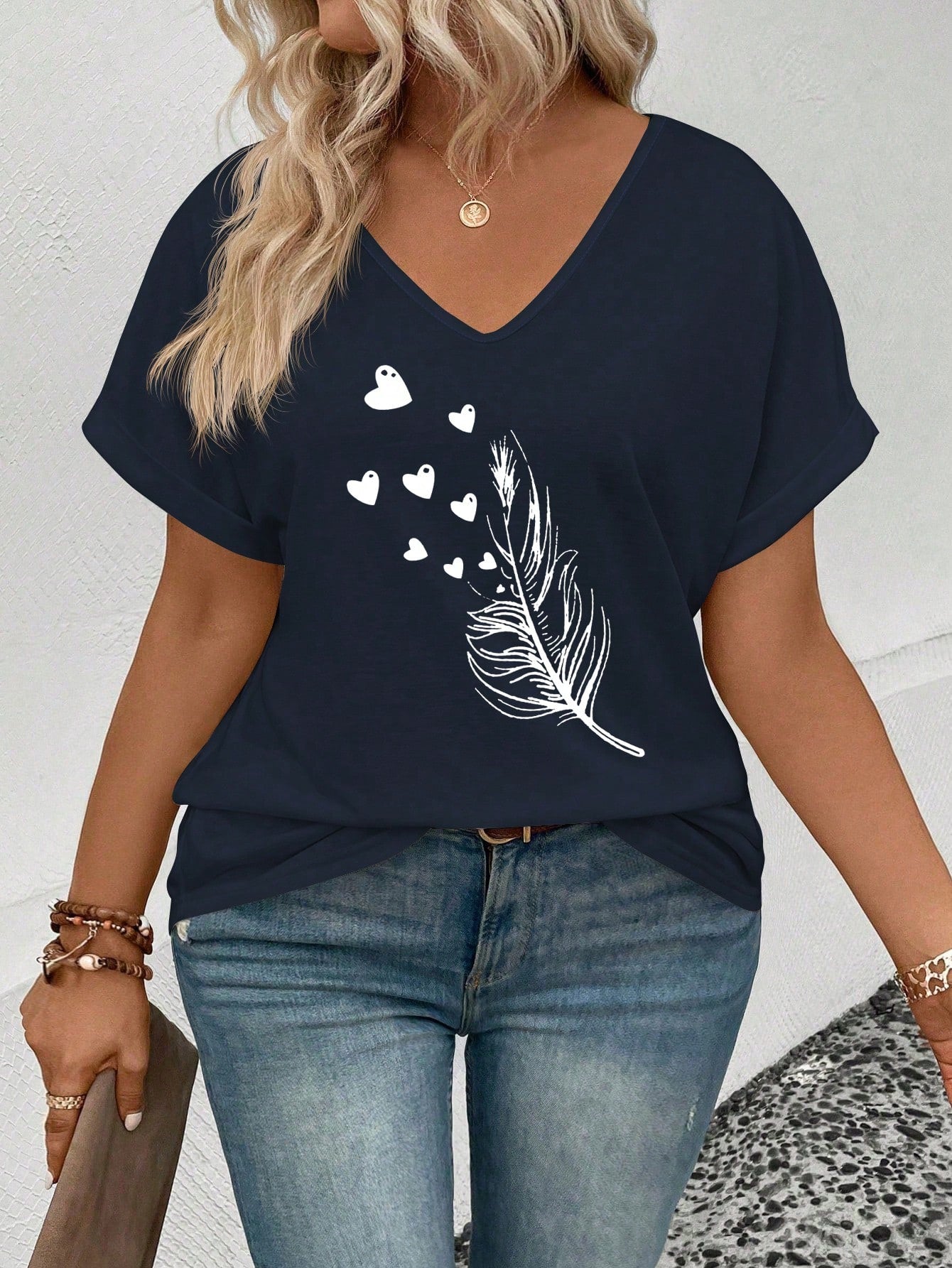 INAWLY Women Plus Size Feather Heart Printed V-Neck Tee With Folded Sleeves, Casual And Versatile Graphic Tee, Summer Top