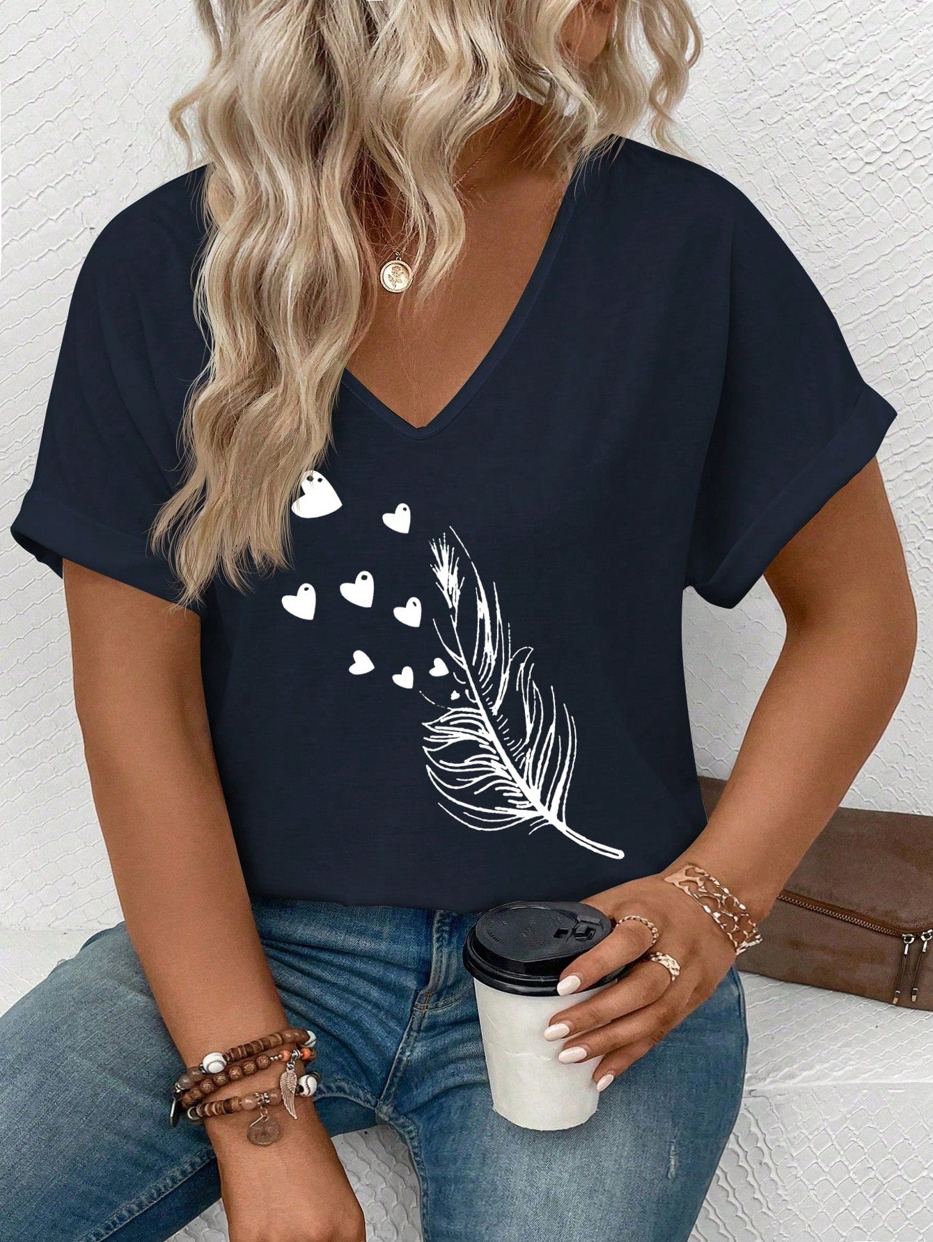INAWLY Women Plus Size Feather Heart Printed V-Neck Tee With Folded Sleeves, Casual And Versatile Graphic Tee, Summer Top