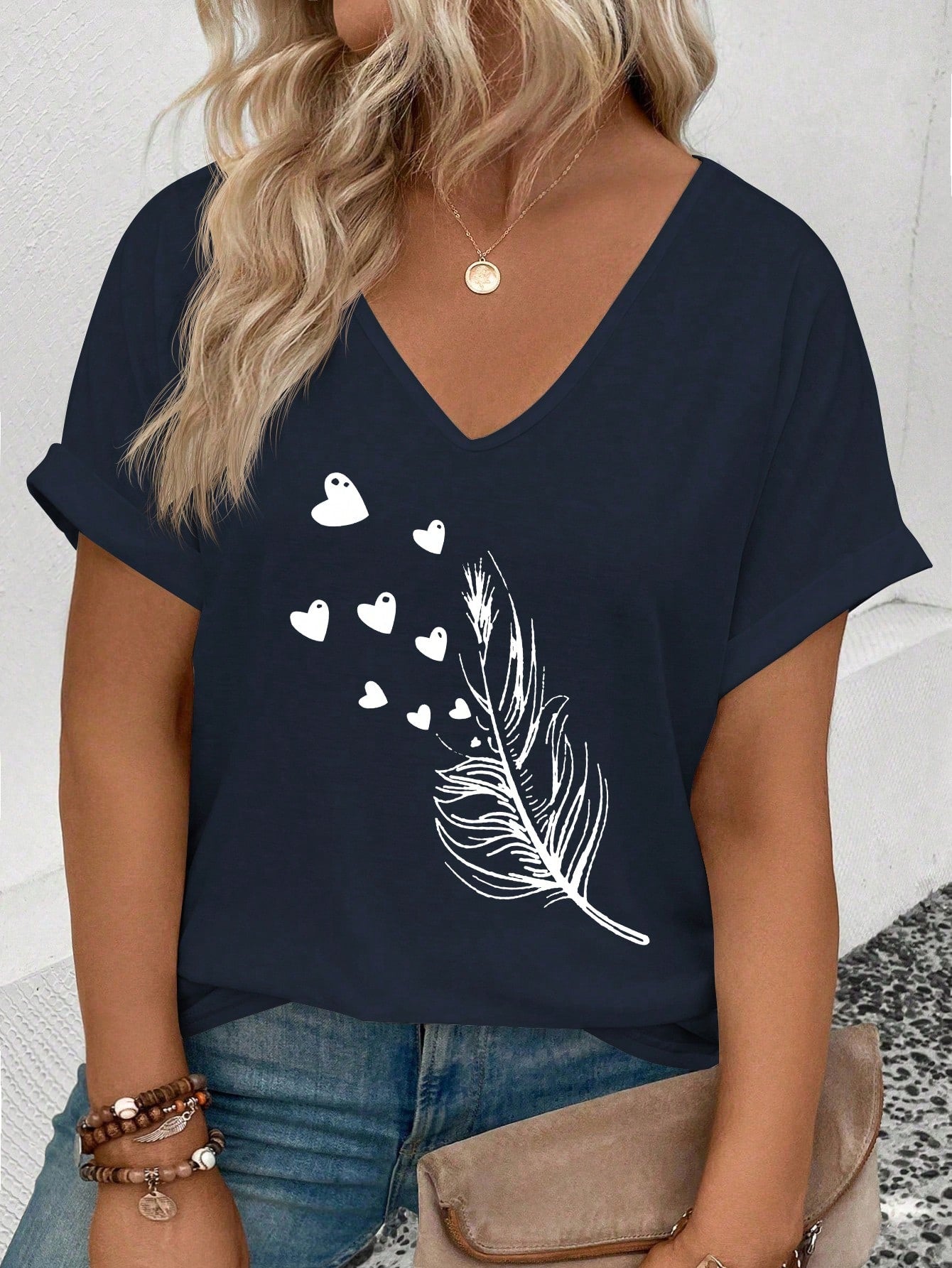 INAWLY Women Plus Size Feather Heart Printed V-Neck Tee With Folded Sleeves, Casual And Versatile Graphic Tee, Summer Top