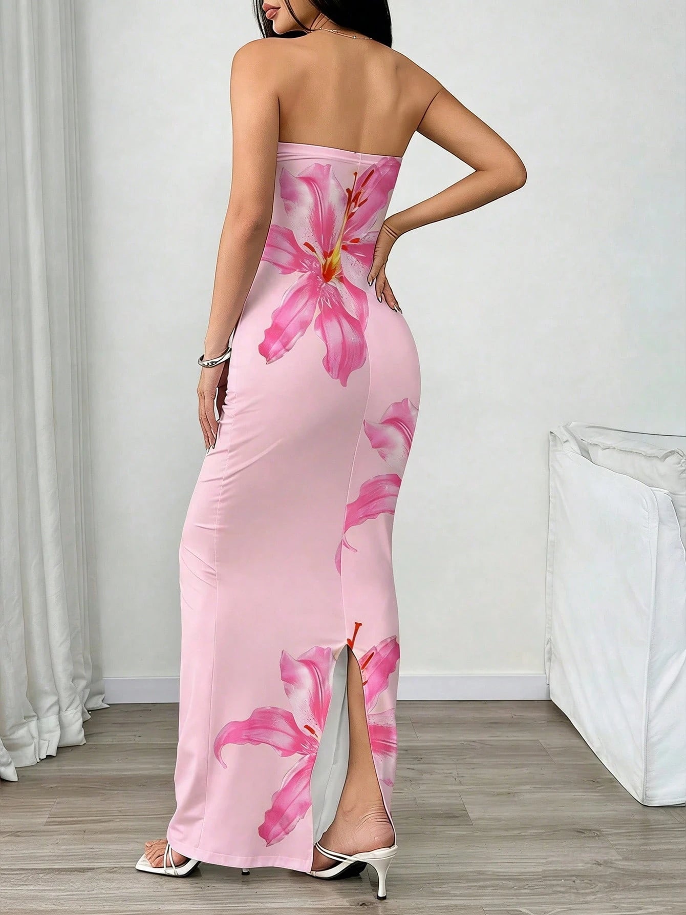 INAWLY Women's Floral Print Strapless Fitted Elegant Dress, Suitable For Vacation