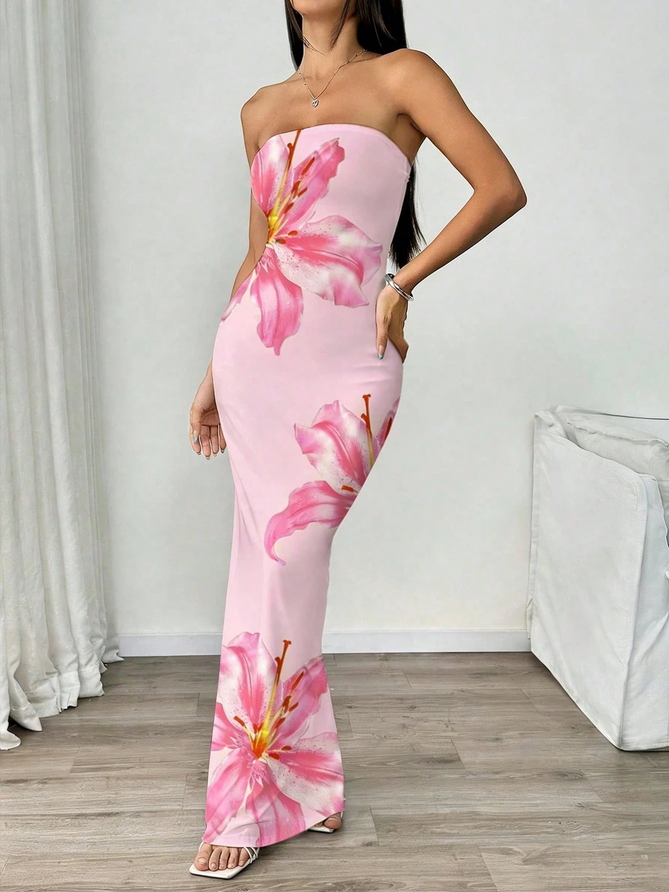 INAWLY Women's Floral Print Strapless Fitted Elegant Dress, Suitable For Vacation