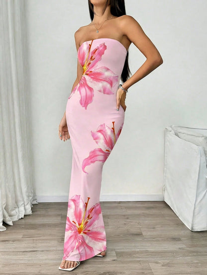 INAWLY Women's Floral Print Strapless Fitted Elegant Dress, Suitable For Vacation