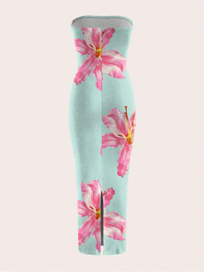INAWLY Women's Floral Print Strapless Fitted Elegant Dress, Suitable For Vacation