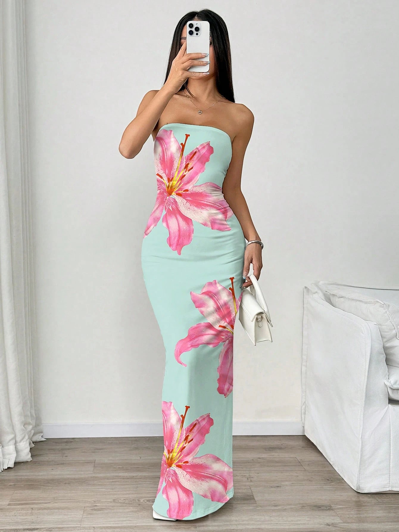 INAWLY Women's Floral Print Strapless Fitted Elegant Dress, Suitable For Vacation