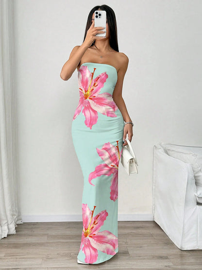 INAWLY Women's Floral Print Strapless Fitted Elegant Dress, Suitable For Vacation