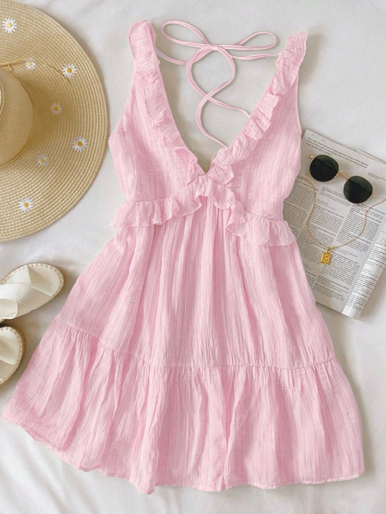 INAWLY Women's Ruffle Strap Mini Dress, Pale Yellow Casual Minimalist Style, Suitable For Summer Vacation