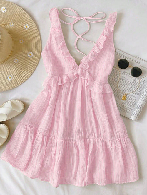 INAWLY Women's Ruffle Strap Mini Dress, Pale Yellow Casual Minimalist Style, Suitable For Summer Vacation