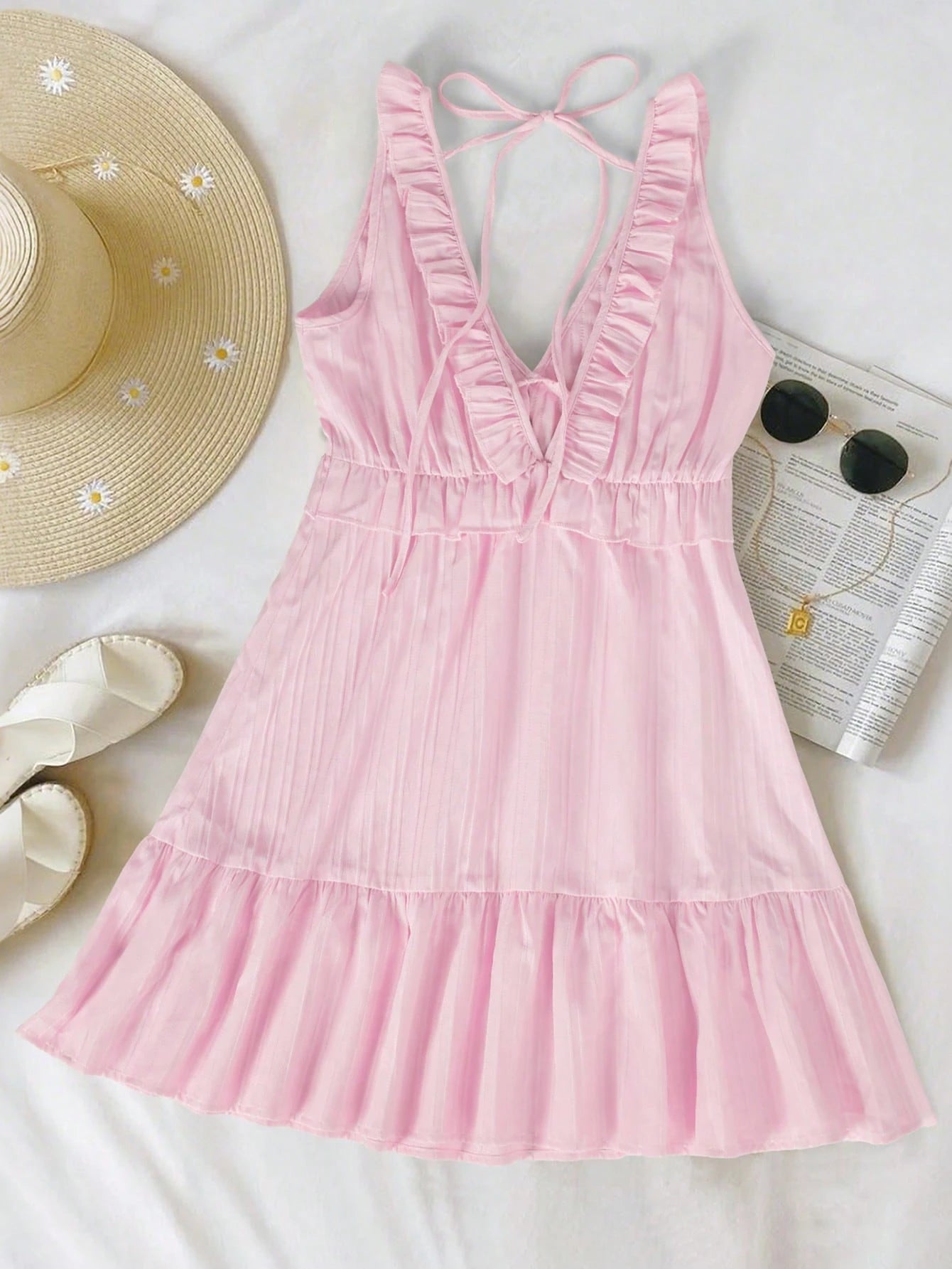 INAWLY Women's Ruffle Strap Mini Dress, Pale Yellow Casual Minimalist Style, Suitable For Summer Vacation
