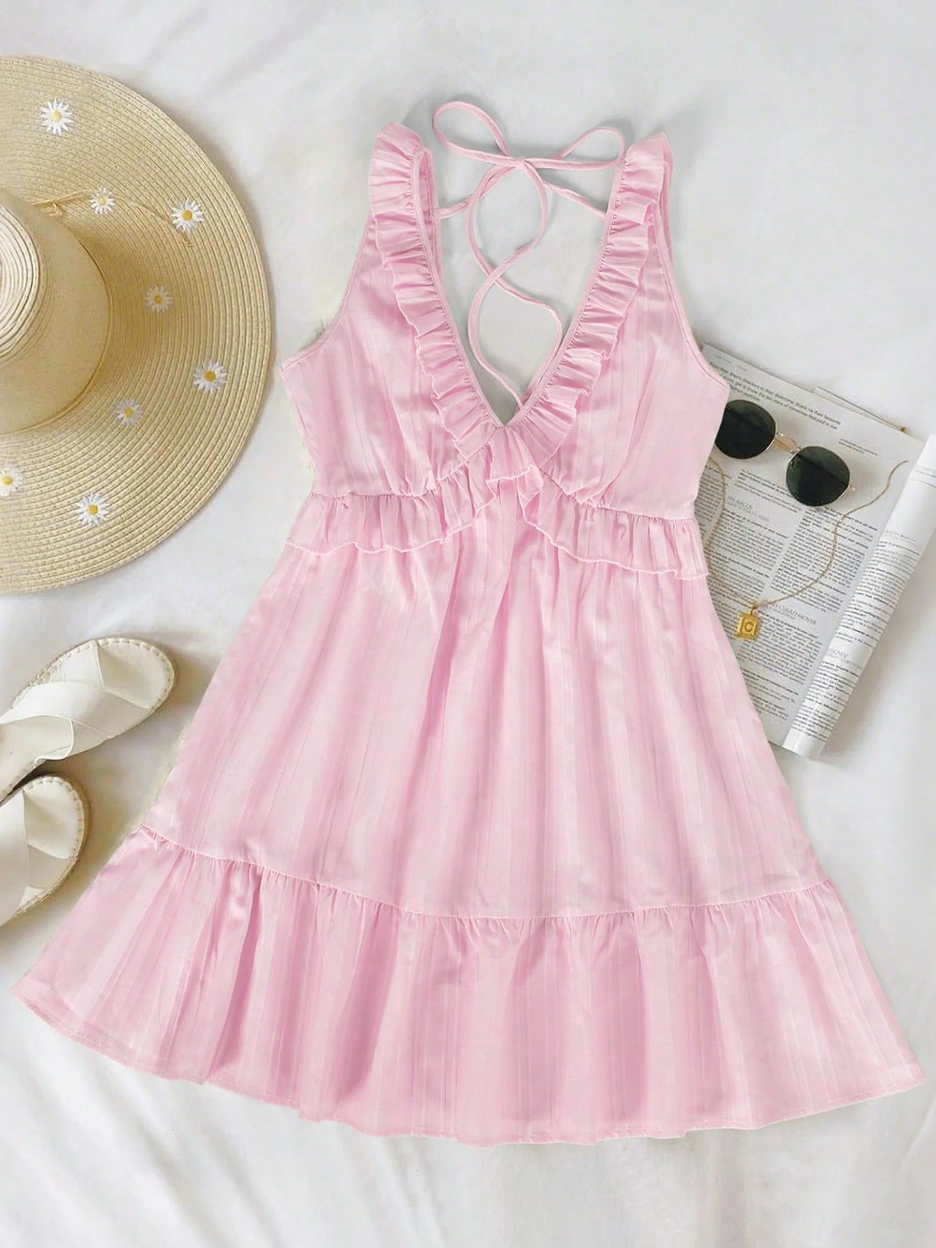 INAWLY Women's Ruffle Strap Mini Dress, Pale Yellow Casual Minimalist Style, Suitable For Summer Vacation
