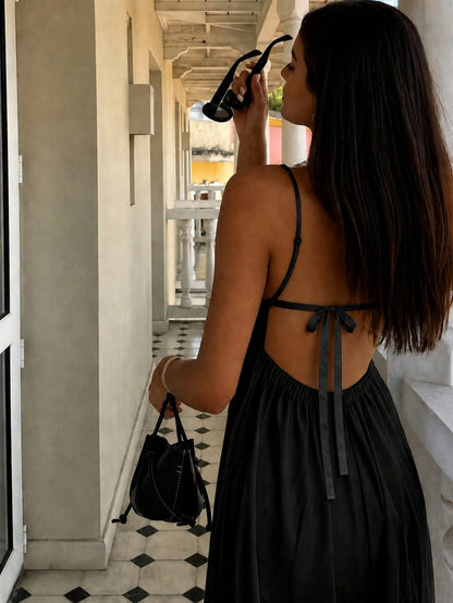 INAWLY Women's Solid Color Spaghetti Strap Backless Sleeveless Summer Fashion Dress