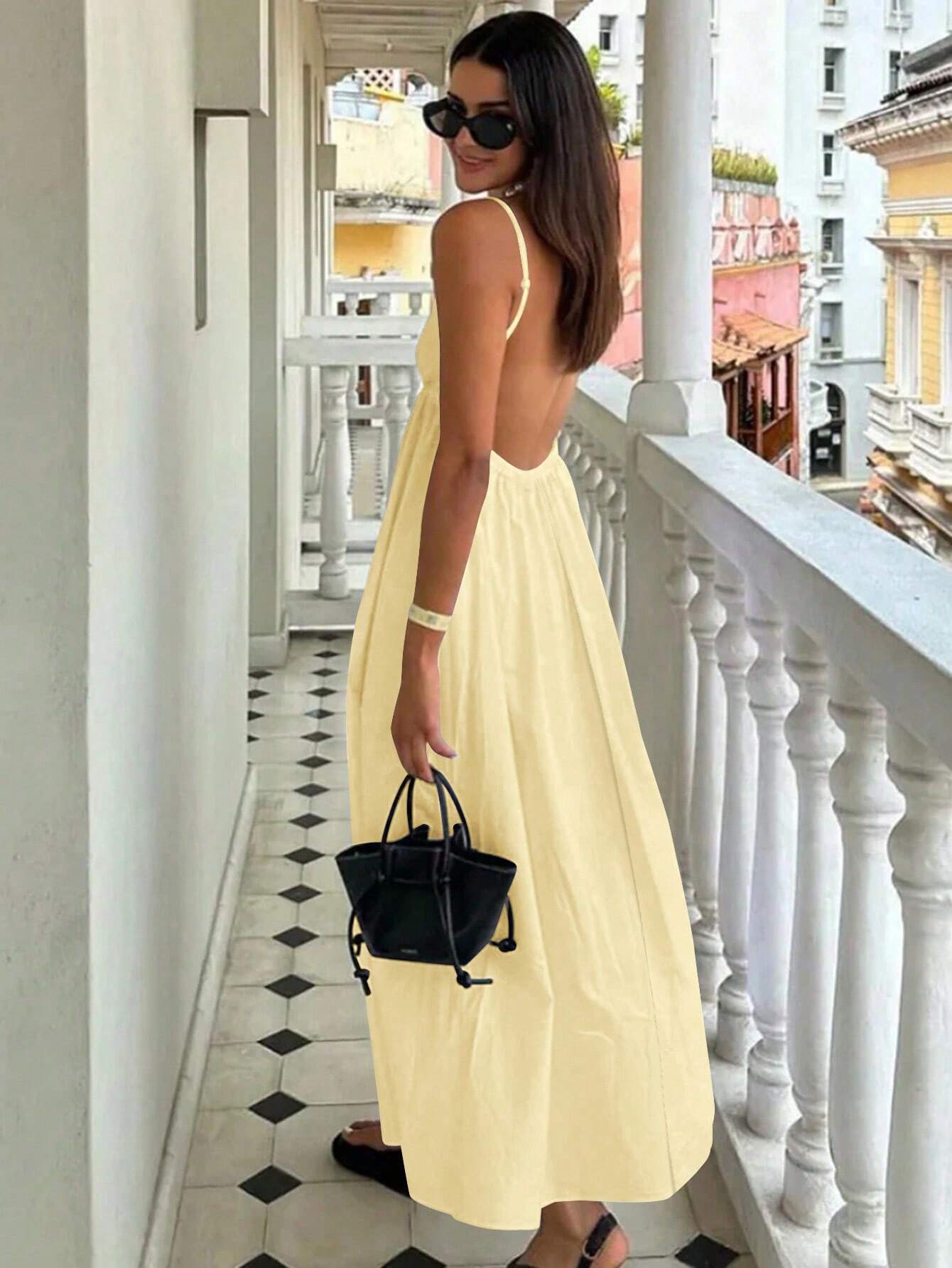 INAWLY Women's Solid Color Spaghetti Strap Backless Sleeveless Summer Fashion Dress