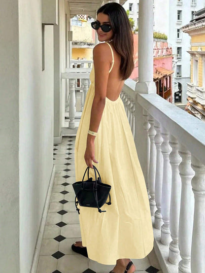 INAWLY Women's Solid Color Spaghetti Strap Backless Sleeveless Summer Fashion Dress