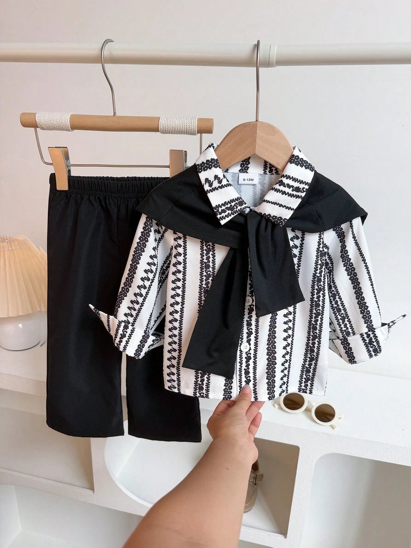 Infant Boy 3-Piece Summer Casual Fashion Minimalist Striped Collared Long Sleeve Shirt + Black Decorative Shawl + Black Wide Leg Long Pants Set, Stylish Casual Outfit Suitable For Daily, Outdoor, Scho